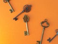 Many different old keys from different locks, scattered chaotically,