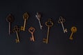 Many different old keys from different locks, scattered chaotically, Royalty Free Stock Photo