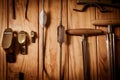 Many different old tools hanging on wall Royalty Free Stock Photo