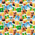 Many different polaroid instant photos with flat portraits of people on colourful backgrounds, seamless pattern