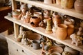 Many different pottery standing on the shelves in a pottery workshop. Low light