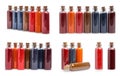 Many different powdered food coloring in bottles isolated on white, collage design Royalty Free Stock Photo