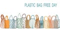 Many different recycled shopping bags vector flat illustration. Banner plastic bag free day with border and place for text.