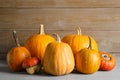 Many different ripe pumpkins on table Royalty Free Stock Photo
