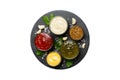 Many different sauces and herbs isolated on white background, flat lay top view. sauces on plate, healthy concept Royalty Free Stock Photo