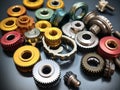 many different shapes of multi-colored parts on a black background, gears, round, teeth, hubs, mechanisms