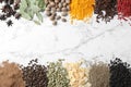 Many different spices on white marble background. Space for text Royalty Free Stock Photo