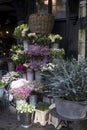 Many different spring flowers in baskets for bouquets on sale in the market