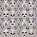 many different strange unreal faces with different facial expressions and emotions in a row on a beige background with neon noise