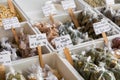 Many different traditional italian colorful spices at market in Royalty Free Stock Photo