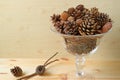 Many different type and different size of natural dry pine cones in a glass compote, wooden background