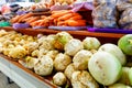 Celery, turnip, carrots, onions, roots and other various vegetables are sold on market shelves Royalty Free Stock Photo