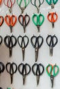 Many different vintage, antique, rustic, authentic, big and small scissors, collection of variety scissors on weathered wooden tab