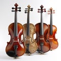 Many different violins isolated on white, beautiful background with classical musical