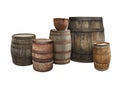 Many different wooden barrels and clay pot on white