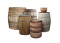 Many different wooden barrels and clay pot on white background