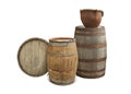Many different wooden barrels and clay pot on white background