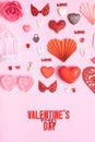 Many differente hearts and valentines day symbols elements top view. Happy valentines day text