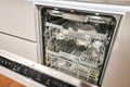 Many of dirty dishes in the dishwasher. Built-in dishwashers with opened door. Home appliance dishwasher machine in Royalty Free Stock Photo