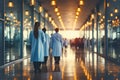 Many doctor in scrubs walking down a hallway in hospital Royalty Free Stock Photo