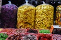 Many dried fruits and berries in night market of street food in Da Lat in Vietnam Royalty Free Stock Photo