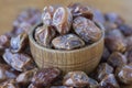 Many dried Medjool dates fruits of the date palm piled up