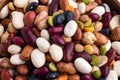 Many dried multi-colored beans closeup, an assortment of various kidney beans and peas
