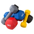 Many dumbbells of different colors, lie in a bunch, one on top of another, concept, on a white background