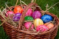 Many Easter eggs in a brown basket Royalty Free Stock Photo