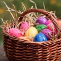 Many Easter eggs in a brown basket