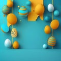 Many easter sky blue and yellow eggs hung up decorations with a space in the middle for text