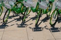 Many electric bicycles of public bike sharing company LimeBike Royalty Free Stock Photo