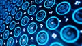 Many electronic circles. Many small electronic blue circles on dark background. Abstract animation of electronically