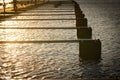 Many empty floating piers for powerboat and sailboat on the sunset. Royalty Free Stock Photo