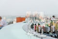 Many empty glass on counter at rooftop bar Royalty Free Stock Photo