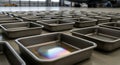Many empty rectangular metallic trays displaying colorful heat-treated patinas arranged neatly on the floor. Royalty Free Stock Photo
