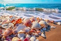 Many empty shells on the beach, close-up view against the background of the sea. Royalty Free Stock Photo