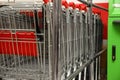 Many empty shopping carts in supermarket Royalty Free Stock Photo