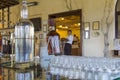 Many empty vine glasses on bar table