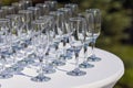 Many empty vine glasses on white table Royalty Free Stock Photo