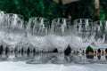 Many empty wine glasses in a line, close-up. Rows of empty wine glasses on the wedding table. Buffet in the open air Royalty Free Stock Photo