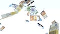 Many euro banknotes launched into the air