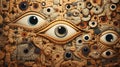 many eyes of different shapes beige background, creative art