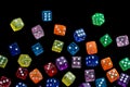 Many falling translucent multicolored dices
