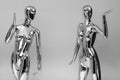 many fashion shiny female mannequins for clothes. Metallic manne