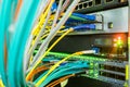 Many fiber-optic Internet wires connect to the routing servers. Bunch cables connect to the switching Internet equipment. The Royalty Free Stock Photo