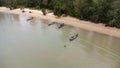 Many fishing boats near the seashore in tropical islands. Pier of the villagers on the southern island of Thailand. top view from Royalty Free Stock Photo