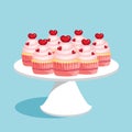 Many flavor cupcakes with berries and red hearts on a white platter, vector Illustration.