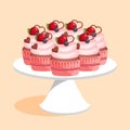Many flavor cupcakes with berries and red hearts on a white platter, vector Illustration.