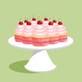 Many flavor cupcakes with red cherries on a white platter, vector Illustration.